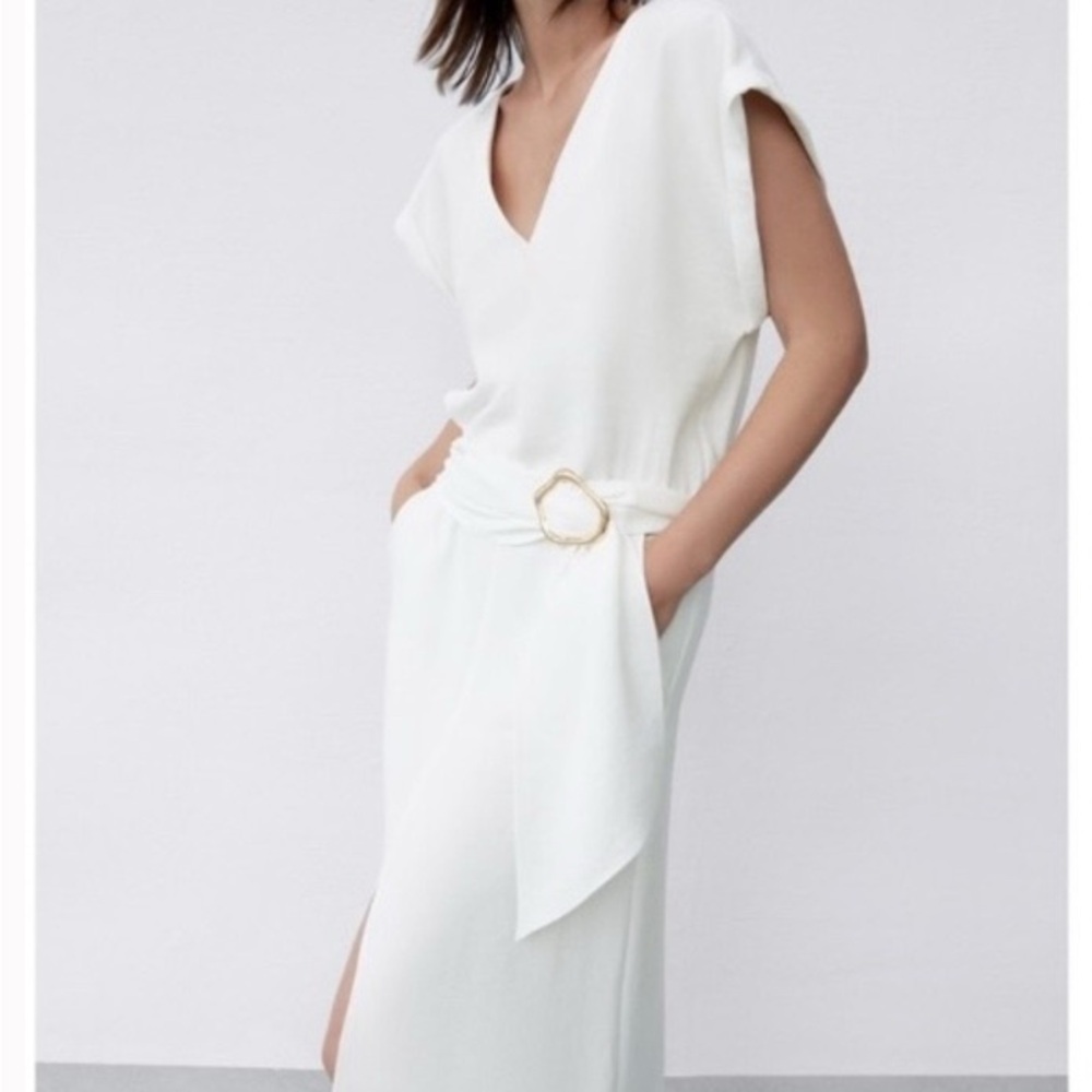 Zara NWT White Dress with Gold Belt